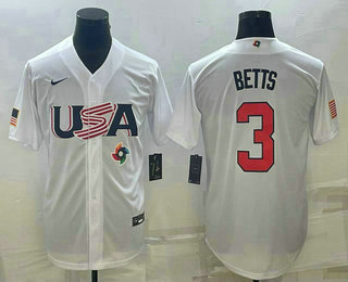 Men%27s USA Baseball #3 Mookie Betts 2023 White World Baseball Classic Replica Stitched Jerseys